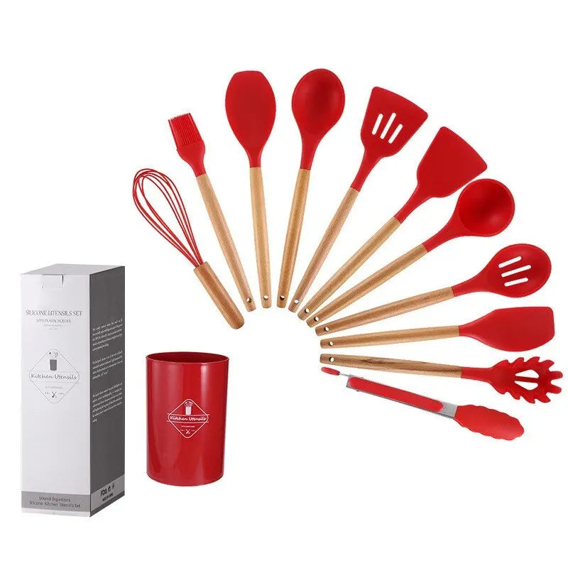 12Pcs/Set Wooden Handle Silicone Utensils With Storage Bucket