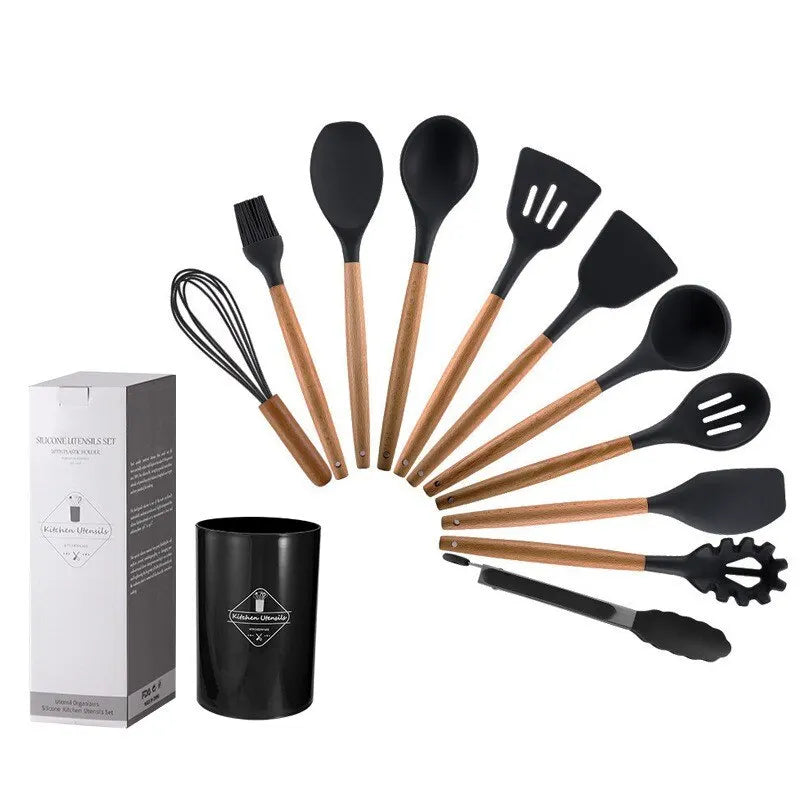 12Pcs/Set Wooden Handle Silicone Utensils With Storage Bucket