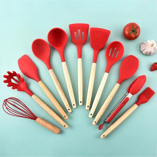 12Pcs/Set Wooden Handle Silicone Utensils With Storage Bucket